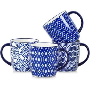 Selamica 10 OZ Coffee Mugs Set of 4, Small Coffee Cups Ceramic with Handle for Cappuccino Latte Cocoa Milk, Dishwasher Microwave Safe,Vintage Blue