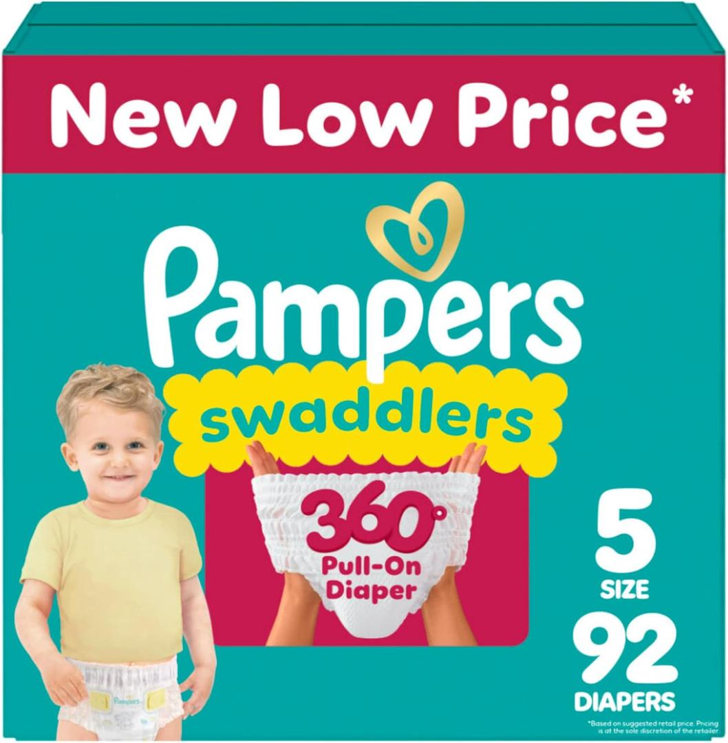 Pampers Diapers - Swaddlers 360 - Size 5, 92 Count, up to 100% Leakproof Comfy Dry Fit, Designed for Easy Changes, Pull On Baby Diaper (Packaging May Vary)