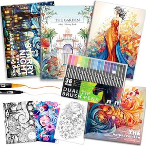 CKMOREL Adult Coloring Books for Women Relaxation, 4Pcs Mindfulness Coloring Books for Women with 36 Colors Markers, 36 Dual Tip Colors Markers(Brush and Fine Point), Anxiety Relief Mindfulness Gift