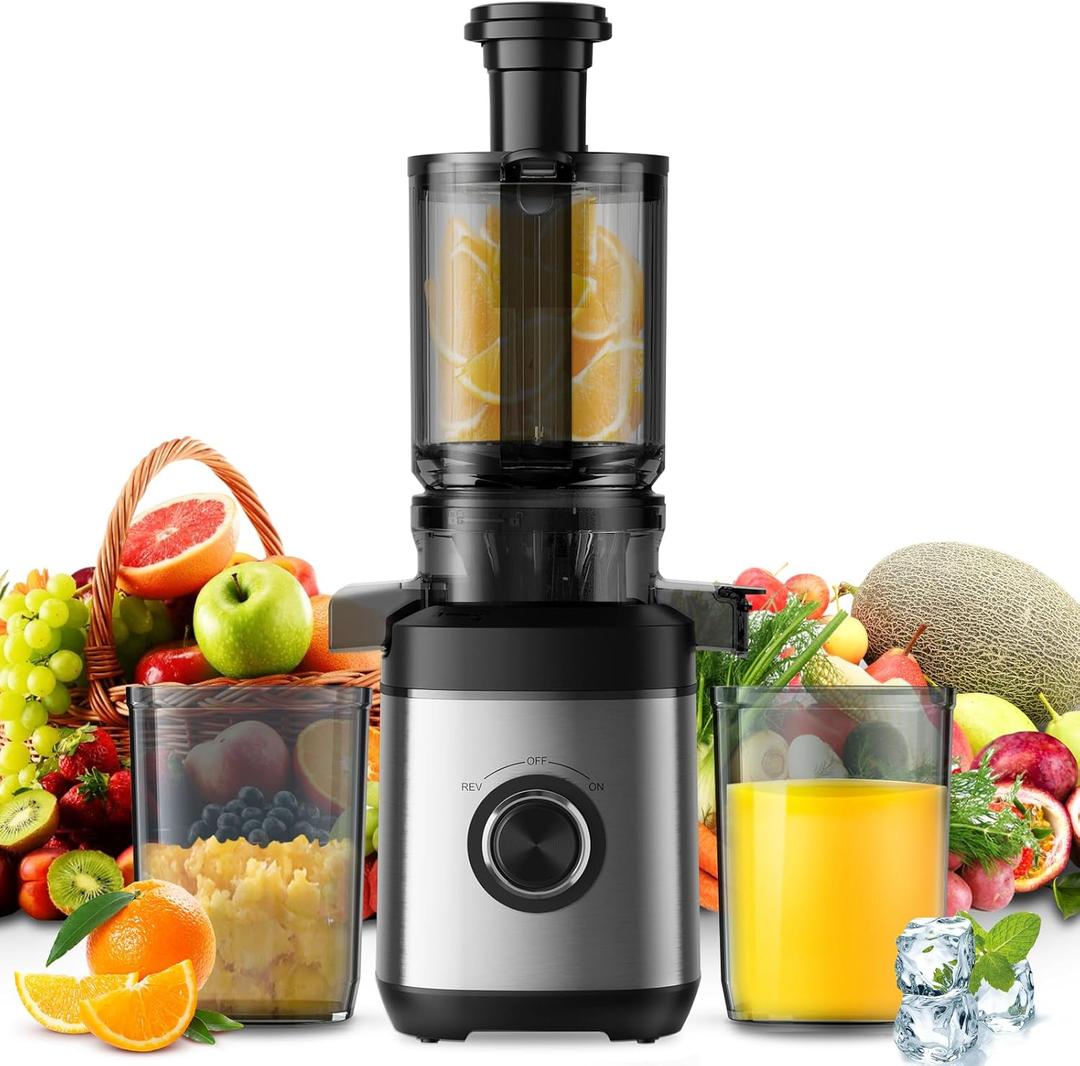PSIIDAN Juicer Machines, Cold Press Juicer for Whole Fruit and Vegetable, Masticating Juicers, High Juice Yield, Juice Extractor Machine, BPA Free (Silver)