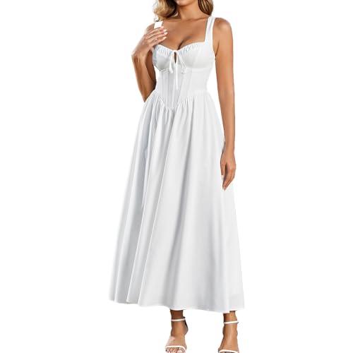 Kyraxe Summer Corset Midi Wedding Guest Dresses for Women Formal Flowy Sweetheart Neck Lace Up Sundress A Line Tea Party Dress White Size L