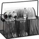Mind Reader Multi-purpose Storage Caddy with Handle, Desktop Organizer, Cutlery Holder, 4 Compartments, Metal Mesh, Black