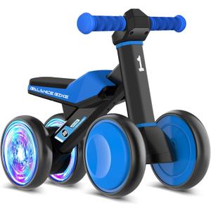 Colorful Lighting Baby Balance Bike Toys for 1 Year Old Boys Gifts, Toddler First Bike 12-24 Months with Adjustable Soft Seat, 4 Silent Wheels Ride on Toy, Perfect First Birthday Gift (Blue)