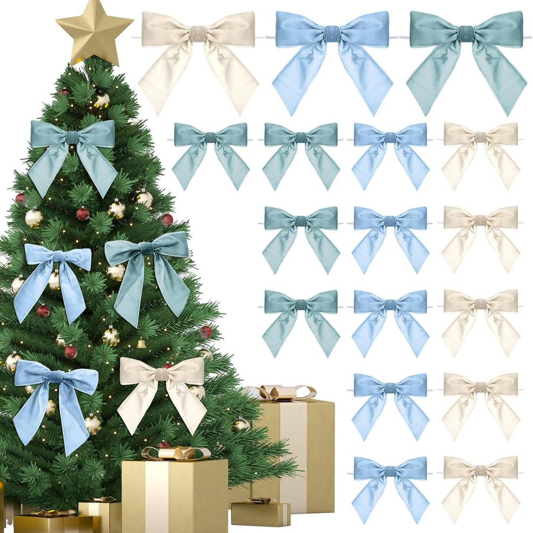 24 Pcs Velvet Christmas Bows for Christmas Tree 4.72" Rustic Crafts Gift Velvet Ribbon Twist Tie Bows for Xmas Wreaths Garland Gift Wrapping Wedding Decor(Peacock Blue,White,Blue)