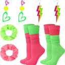 80s Neon Accessories for Women Neon Slouch Socks Heart Earrings Scrunchies for 80s 90s Party Halloween (Rose Red, Green)
