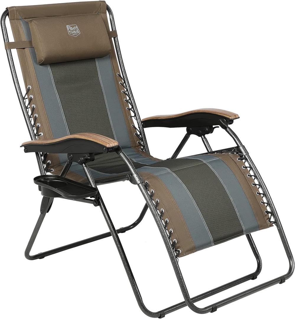 Timber Ridge Oversized Zero Gravity Chair, Padded Reclining Lounge Chair with Adjustable Headrest & Cup Holder, Heavy Duty Support 350 lbs, Foldable for Camping, Lawn, Outdoor & Indoor, Brown