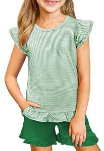 Yousify Girls 2 Summer Short Sets Casual Crew Neck Sleeveless Tank Shirts Child's Cloth with Side Pockets Green 160
