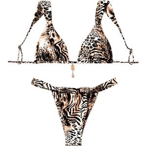 SHENHE Women's Two Piece Swimsuits Triangle V Neck Ruched Brazilian Bikini Set Boho Swimwear (Large, Animal Print Brown)