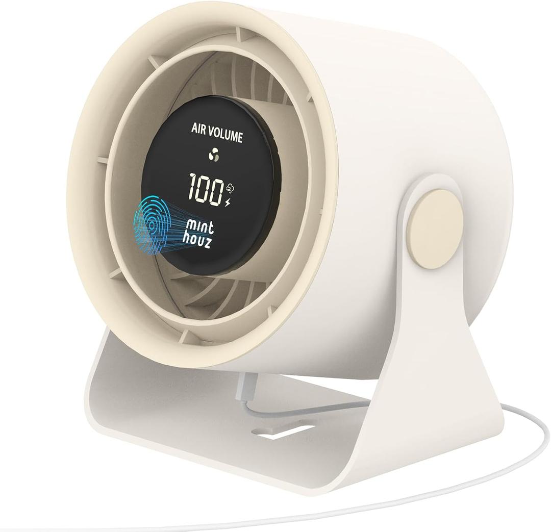 Minthouz Desk Fan - Touch Control LED Display, Premium USB Fans 3600mAh Rechargeable Battery, 6 Speeds, 90 Tilting - Portable for Home, Office, Travel, Camping, Kitchen (Beige), Small