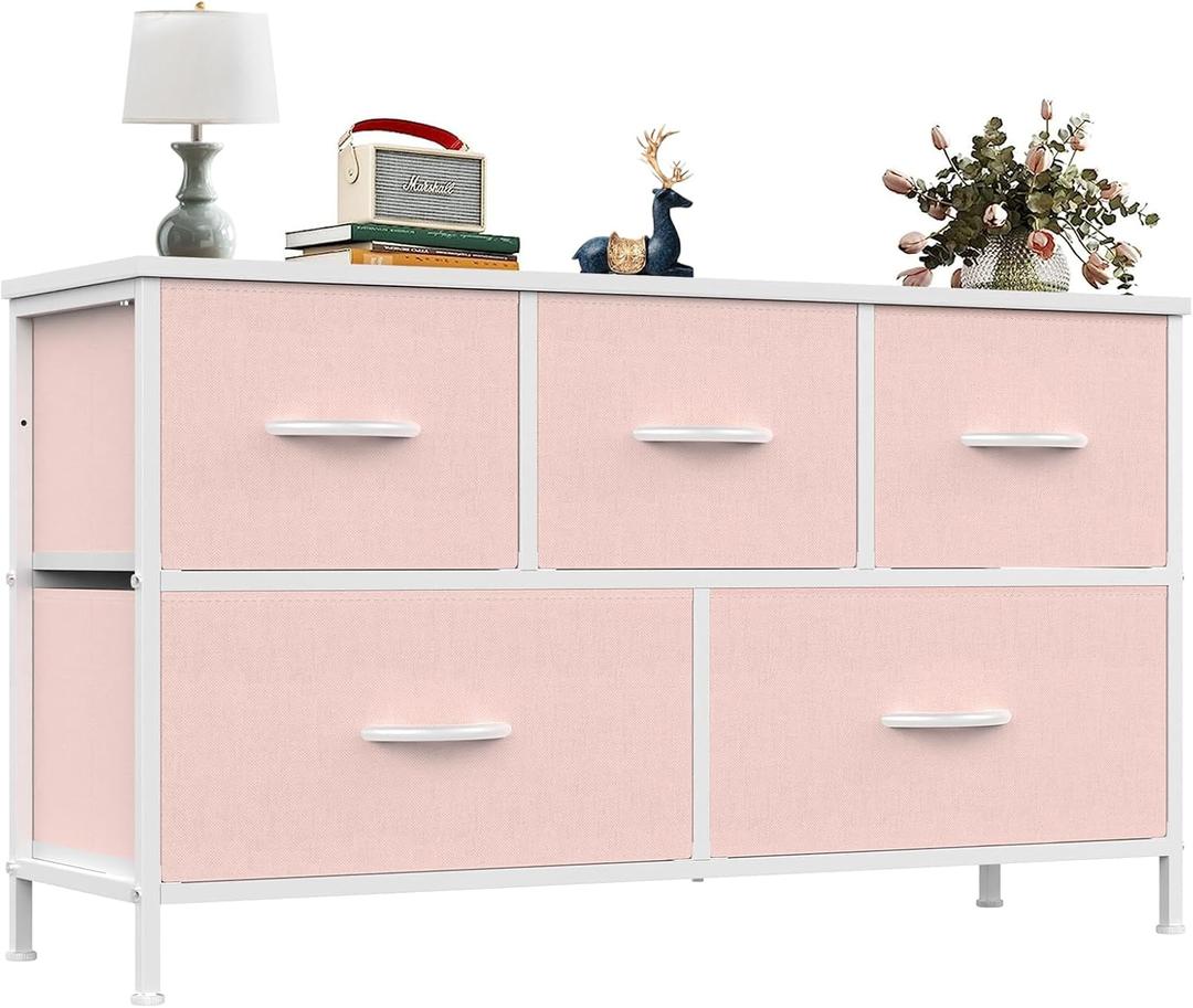 OLIXIS Dresser for Bedroom with 5 Drawers, Wide Chest of Drawers, Fabric Bedroom Dresser with Drawer Organizer, Storage Organizer Unit with Fabric Bins for Closet, Living Room, Hallway, Pink, 11.9"D x 38.1"W x 20.9"H