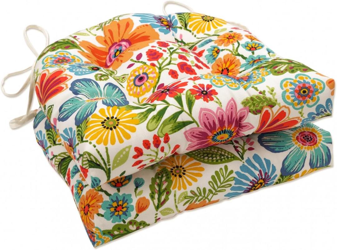 Pillow Perfect Bright Floral Indoor/Outdoor Tufted Wicker Chair Pad with Ties, 15.5" x 16", 2 Count, Blue/Purple Gregoire