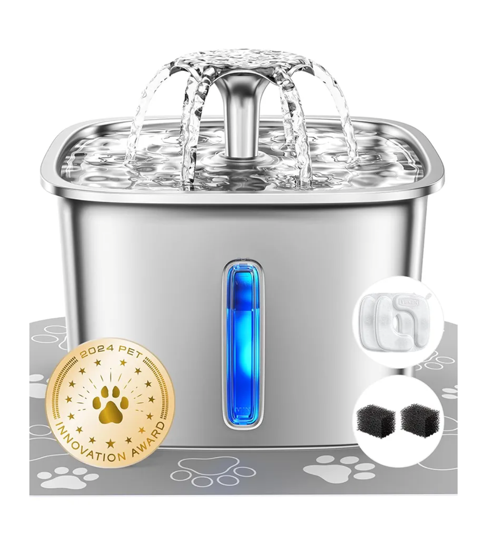 Veken Innovation Award Winner Stainless Steel Cat Water Fountain, 95oz/2.8L Automatic Pet Fountain Dog Water Dispenser with Replacement Filters & Silicone Mat for Cats, Dogs, Multiple Pets (Silver)