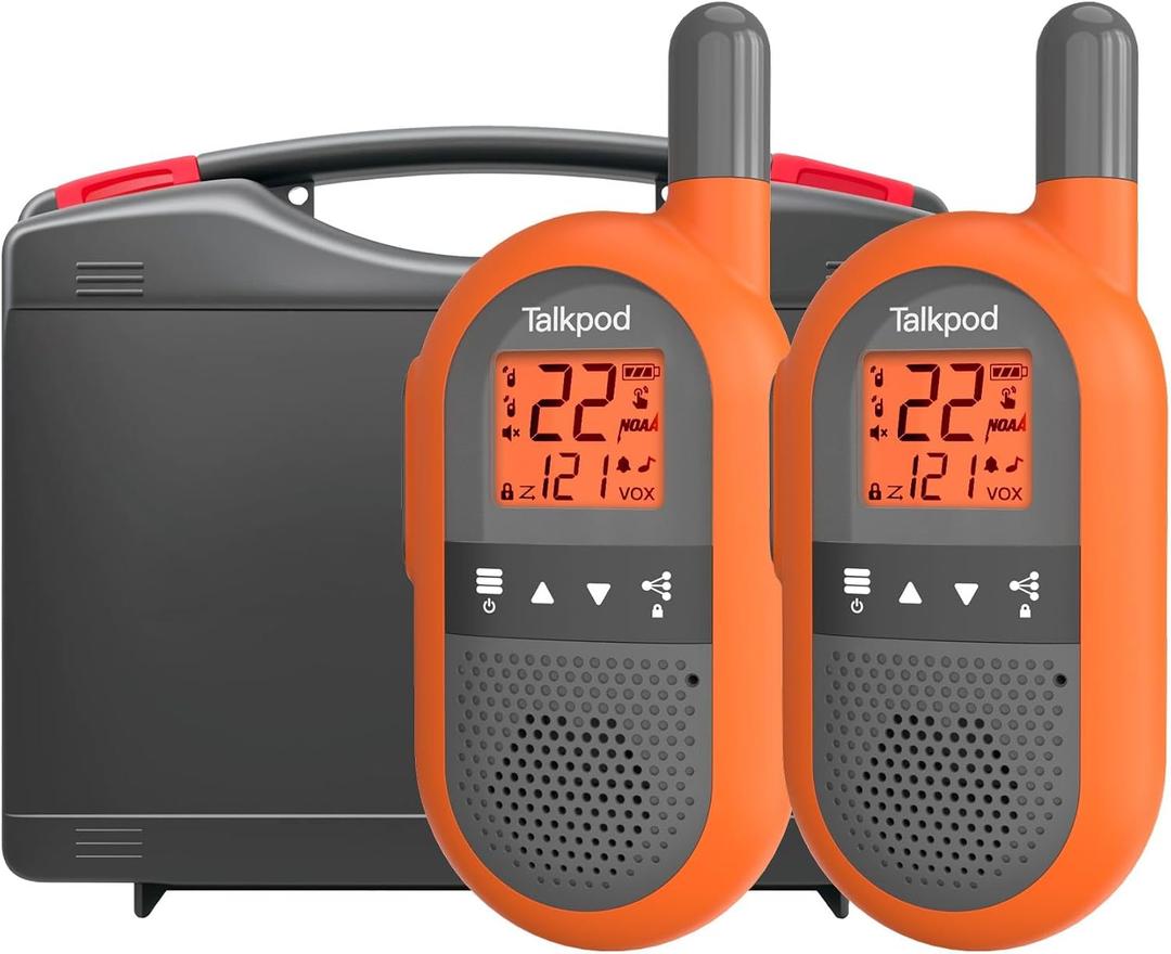 Talkpod Rechargeable Walkie Talkies 2 Pack, 3km Range Walky Talky with Backlit Display, VOX Hands Free, 22 Channels, for Warehouses, Outdoor Hiking (Orange)