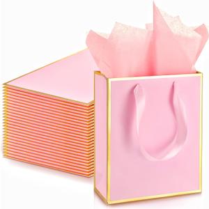 Yeaqee 24 Pack Metallic Paper Gift Bags with Handle and Tissue 9x7x3.1 Gold Foil Welcome Thank You Favor Bags Return Gifts for Wedding Mothers Graduation Bridesmaid Birthday(Pink Gold)