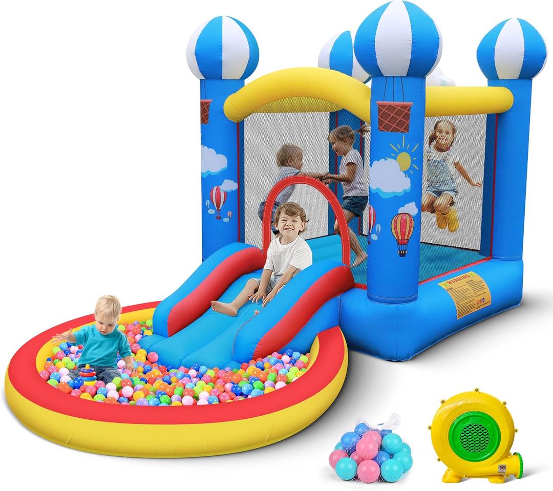 Culaluva Inflatable Bounce House: 4 in 1 Bouncy Castle with Ball Pit & Slide for Kids Age 3-6 with 370 Watt Blower and Storage Bag for Indoor Outdoor Play Oxford Cloth