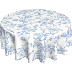 Baby Blue Floral Round Tablecloth 70 Inch Toile Blue Floral Chinoiserie Decor Table Cloth Vintage Flower Polyester Fabric Round Table Cover for Party Dining Picnic Kitchen Outdoor Decorative