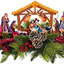 Svndlyn Lighted Artificial Christmas Table Centerpiece with Timer Metal Nativity Scene Silhouette Ornaments Pine Needles Red Berries for Christmas Decor Dining Table Holiday Party Home Mantel