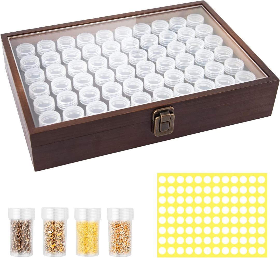 60 Slots Seed Storage Organizer with 96pcs Labels, Wooden Seed Saving Box with Lid and Metal Safety Lock, Garden Seed Organizer for Flowers Plants Vegetables, Brown