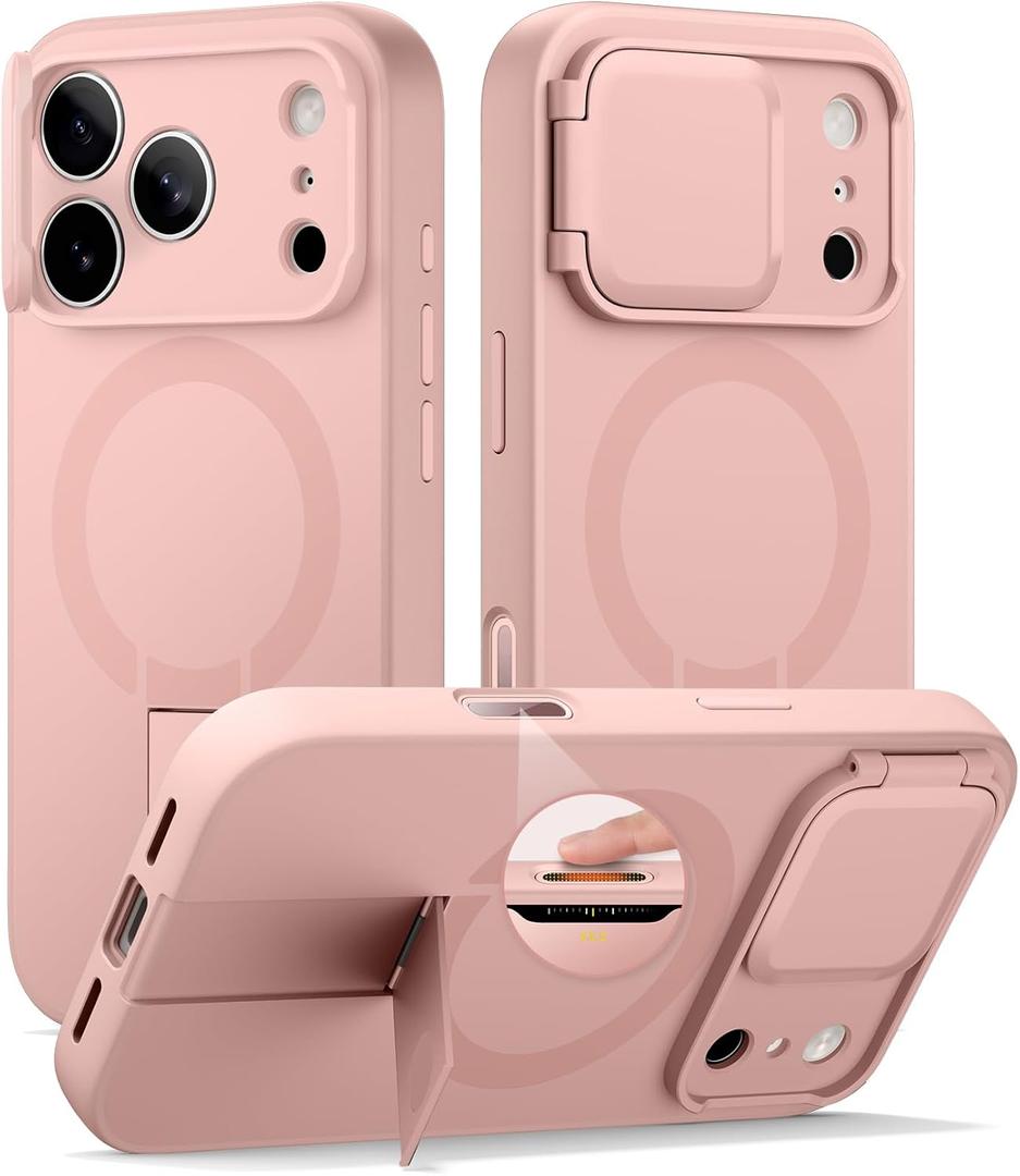 SURITCH for iPhone 17 Pro Case with Camera Control Cover, Camera Cover and Adjustable Kickstand, Compatible with MagSafe, Shockproof Bumper Protective Cases 6.3 Inch, Pink