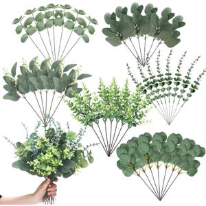 Ceenna 30 Pcs 6 Kinds Mixed Greenery Stem Artificial Faux Eucalyptus Leaves Silver Dollar Eucalyptus Picks and Sprays for Vase Dried Fake Greenery Filler Leaves Bundle for Wedding Floral Arrangement