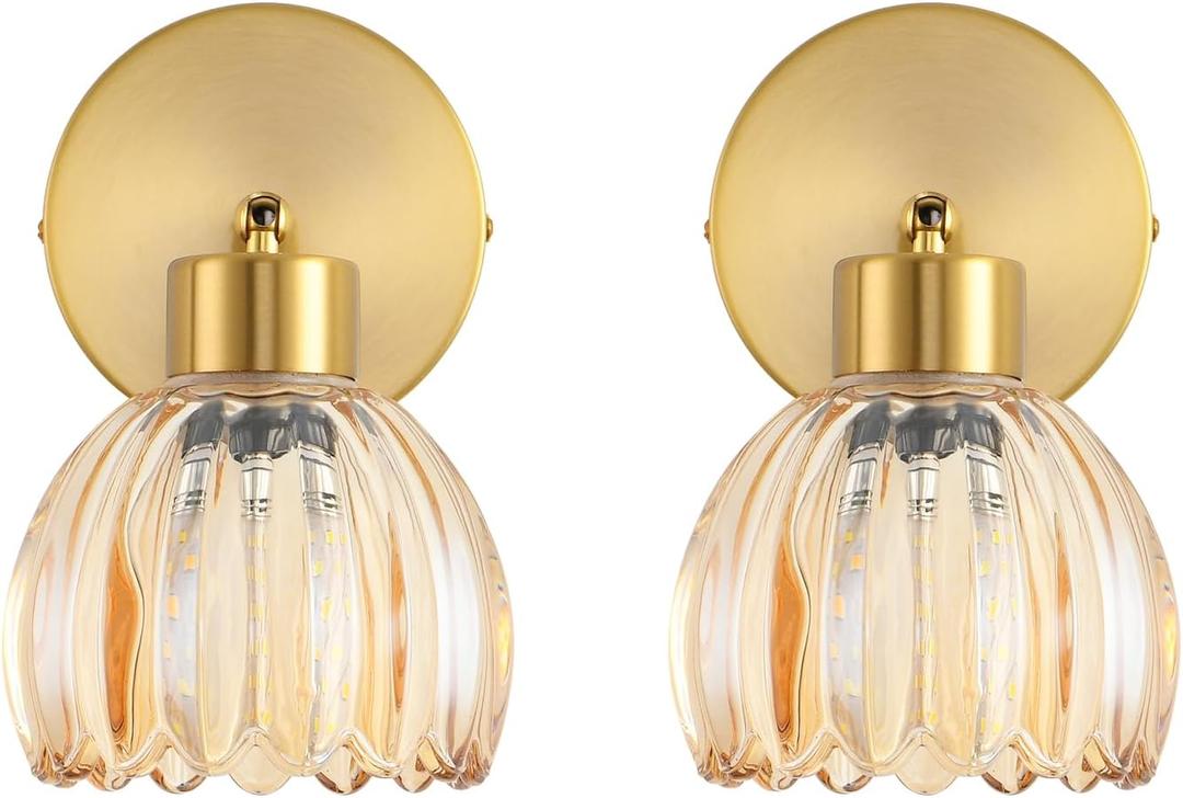 Wall Sconces Vintage Fixture Light, Vanity Lights for Bathroom, Modern Wall Light Fixtures, Metal Sconces Wall Lighting with Glass Shade, Farmhouse Wall Lamp for Bedroom Living Room (2 PACK, Tulip Amber)