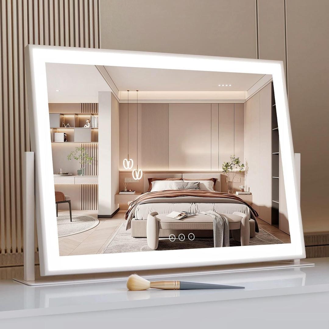 Vanity Mirror with Lights, Large Makeup Mirror with Lights, LED Lighted Makeup Mirror with 3 Color Light Modes, Smart Touch Tabletop Mirror for Makeup Desk 360 Rotation 22.8" x 18" White