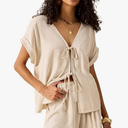 Two Piece Outfits for Women 2025 Casual Tie-Front Top And Shorts Set, Size S