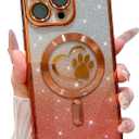 for iPhone 16 Pro Max Case, Glitter Clear Cute Paw Love Heart, Compatible with MagSafe, Strong Magnetic Full Camera Lens Protection Cover, Soft Slim Bling Phone Case 6.9" - Orange