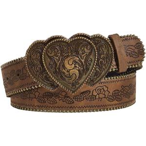 Women Western Belt with Heart Embossed Buckle Vintage Brown Belt for Jeans Pant Dress Cowgirl Cowboy Belts