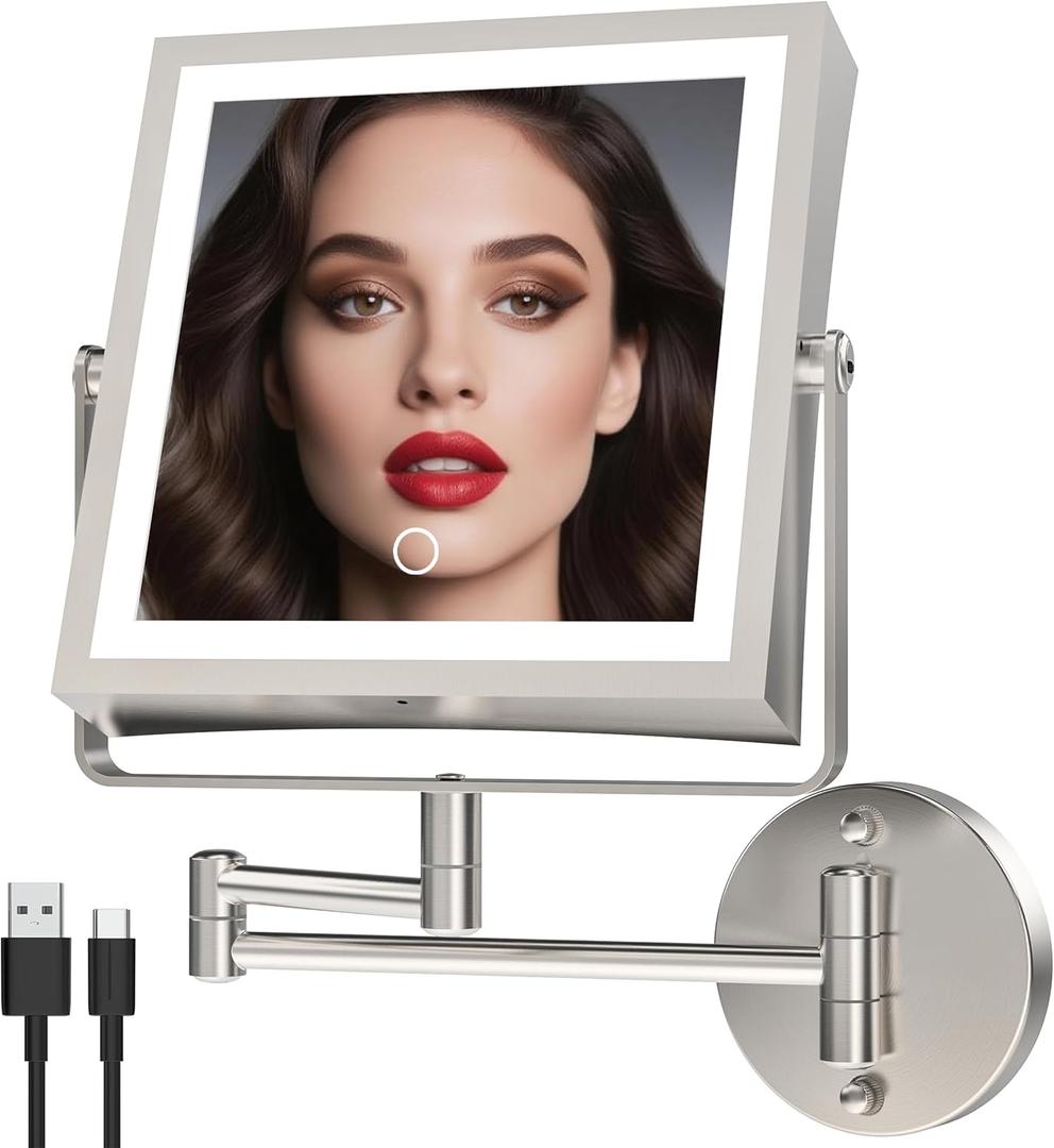 Rechargeable Wall Mounted Makeup Mirror with Lights, 4000mAh Double Sided 1X/10X Magnifying Vanity Mirror with 3 Color Lights, Touch Dimmable, 360 Extension Foldable Arm(Brushed Nickel