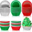 Mumufy 300 Count Christmas Foil Cupcake Liners 2 Inch Cupcake Wrappers Paper Bake Cup Set Foil Muffin Liners for Independence Day Christmas Party Supplies(Green, Red, Sliver)