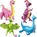 4Pack Giant 3D Dinosaur Balloons for Birthday Party Decorations,Cute Self Standing 3D Dino Aluminium Foil Balloons,Inflatable Animal Balloons for Kids Birthday Party Supplies (Pink)