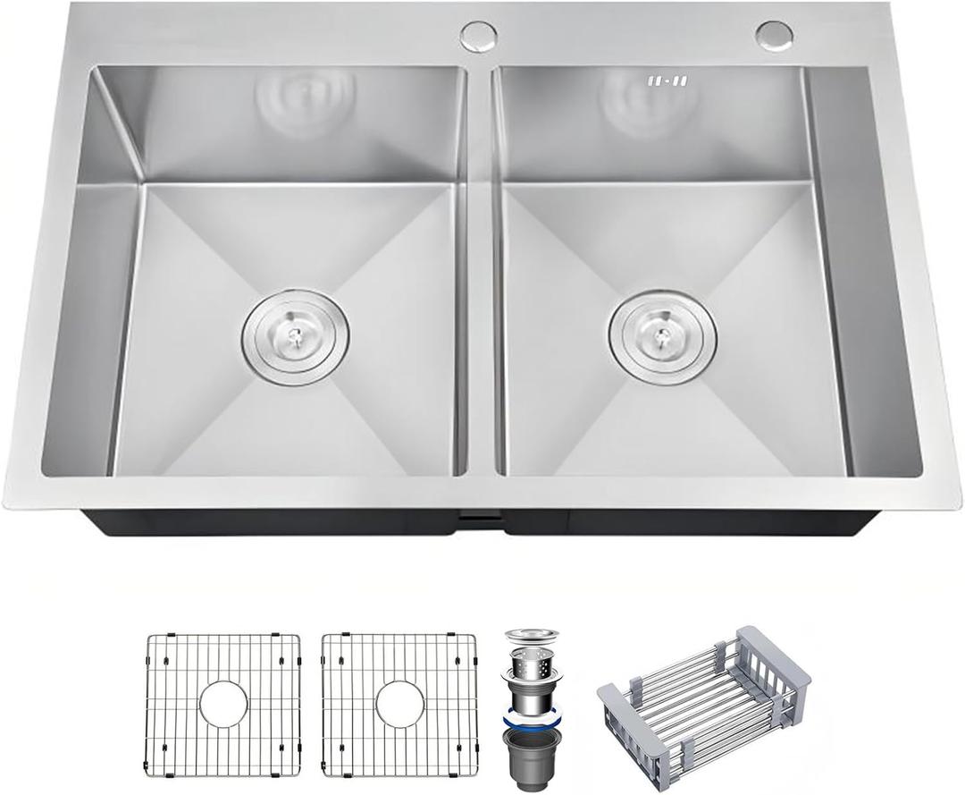 33 Inch Drop In Double Bowl Kitchen Sink with Nano Coating, 20 Gauge 304 Stainless Steel Topmount Kitchen Sink with Accessories (33*22*9 inch(silver))