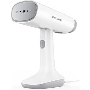 BEAUTURAL Travel Steamer for Clothes with Dual Voltage for Worldwide Use, Foldable Handheld Garment Fabric Wrinkle Remover, Portable Steam Iron, 35 Second Fast Heat-up, 1.9 Pounds (White&Gray)