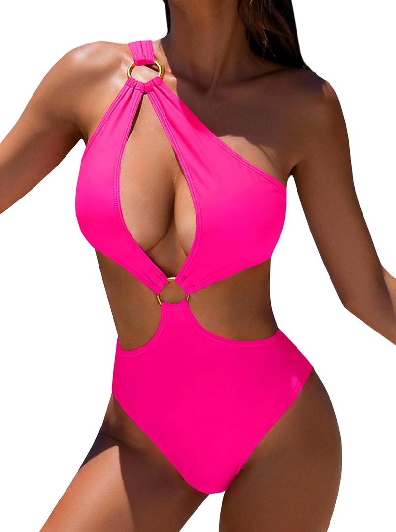 Hilinker Womens Cut Out Sexy One Piece Swimsuit Monokini One Shoulder Tummy Control Bathing Suits (Medium, Pink)