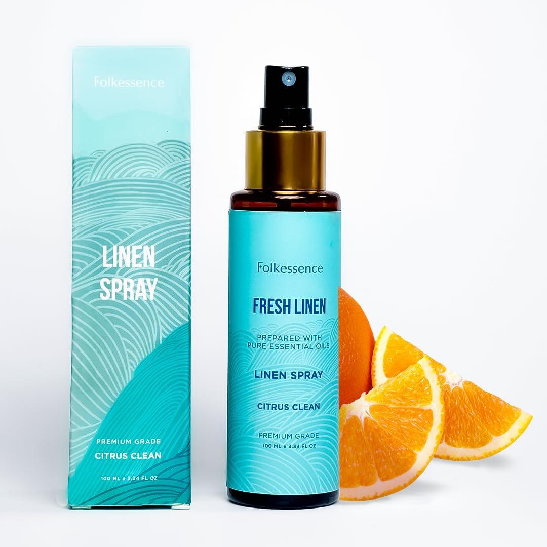 Folkulture Linen Spray - Odor Eliminator | Fragrance Spray for Bedding, Pillow, Clothes, Home | Citrus Scent Fabric Freshener for Laundry, Bed Sheets, Room with Natural Essential Oils | 3.34 Fl Oz