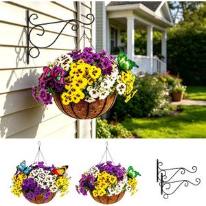 2 Sets Artificial Hanging Baskets with Pansy Flowers, 24 Pcs Faux Silk Pansy, Outdoor Hanging Flower for Porch Patio Garden Home, Wall Hook for 2 Plant Hanger Bracket (2, Yellow, Creamy, Lavender)