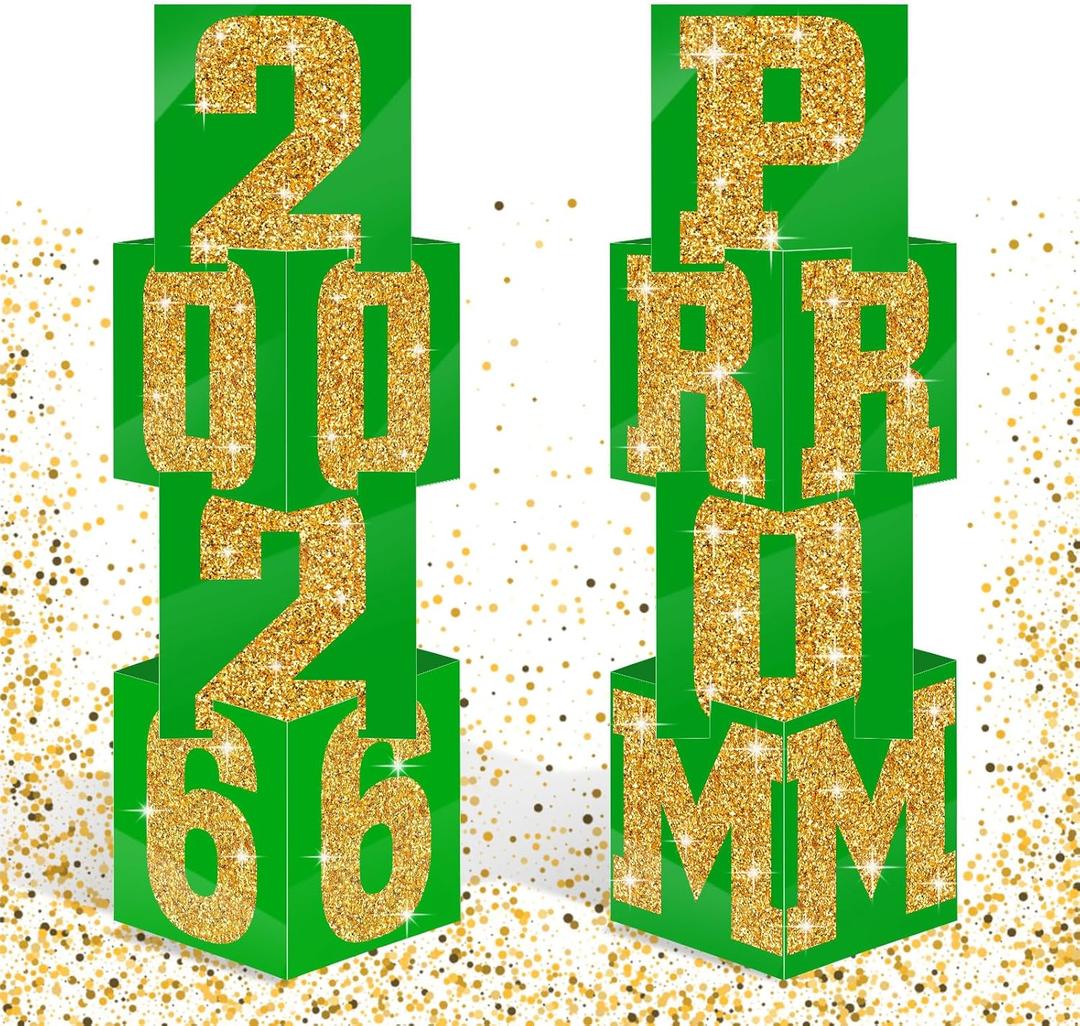 Queekay 8 Pcs Prom Column Standup Photo Booth Decorations 2026 Prom Backdrop Balloon Boxes Cardboard Decoration Column for Party College, 11.8 x 44.9 Inch(Green, Gold)