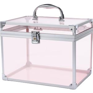 Crown Box, Clear Cosmetic Case, Acrylic Artists Display Case, Toiletry Train Case with Latches & Handle Large Capacity Acrylic Travel Makeup Tools Box for Vanity Dresser Bathroom Counter (Silver-Pink)