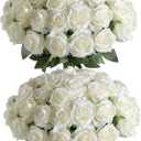 Veryhome 36Pcs Artificial Roses Realistic Fake Flowers Bulk Long Stem Silk Faux Roses Bouquet for Wedding DIY Home Decor Bridal Table Centerpieces Party Arrangements Gifts(White)