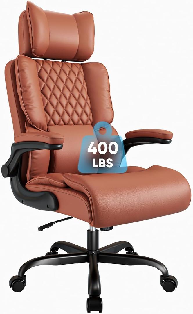 Sytas 400lbs Big and Tall Office Chair with Adjustable Headrest | Heavy Duty Executive Chair with Lumbar Support, High Back Computer Chair with Backrest and Flip-up Arms for Home Office,Brown