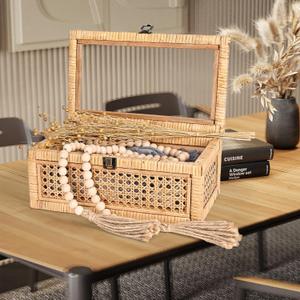 HUAXIN CRAFT H Rattan Decorative Box with Lid, Rectangular Woven with Glass for Display 1 Pc