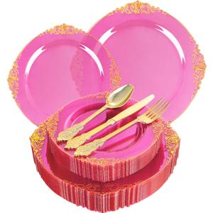 125PCS Hot Pink Plastic Plates - Clear Pink Gold Disposable Plates - Hot Pink Party Plate with Gold Plastic Silverware Set for 25 Guests for Wedding Party Birthday