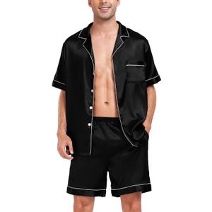 SWOMOG Men Satin Silk Pajamas Sets Short Sleeve Sleepwear Button-Down PJs Sets Two-Pieces Loungewear with Pockets, Size 2XL