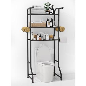 3-Tier Over The Toilet Storage ShelfBathroom Organizers and Storage Over ToiletMetal Bathroom Space Saver with 2 Bars1 Paper Holder and 4 Hooks, Black