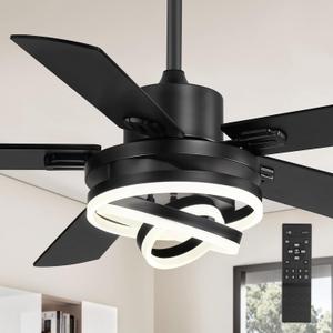 52" Farmhouse Ceiling Fans with Lights,Black Chandelier Fan with 6-Speed Dimmable LED and Reversible DC Motor,Rustic Fandelier Ceiling Fan with 5 Dual Finish Blades for Bedroom Living Room
