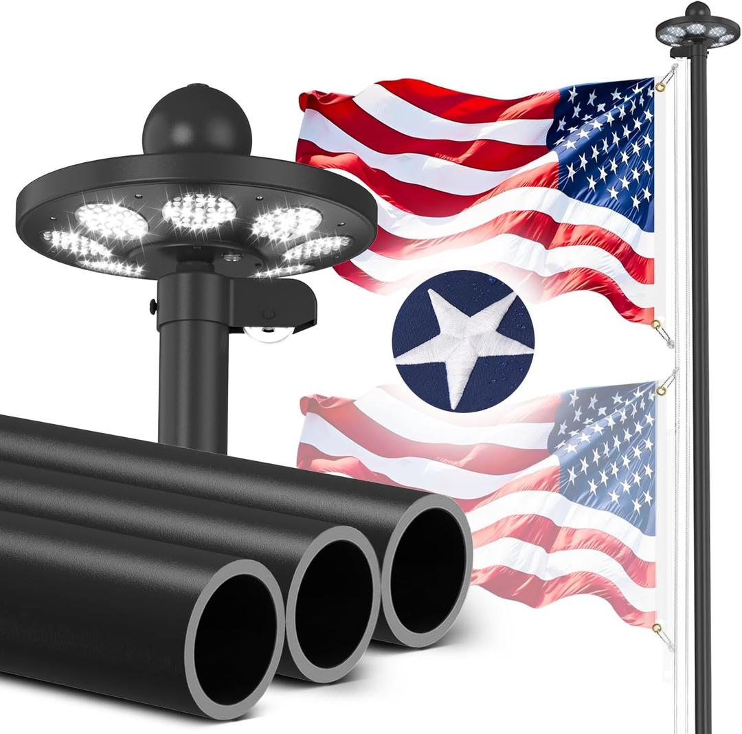 11 Gauge Heavy Duty Flagpole Kit with 136 LED Solar Light, 20FT Extra Thick Flag Pole for Outside House in Ground, 120MPH Wind Tested, 3x5 Thickened USA Flag for Outdoor
