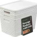 BINO | Plastic Storage Baskets with Lids, 22 Liter - 3 Pack, White | THE WOVEN COLLECTION | Storage Basket for Shelves | Woven Storage Baskets for Organizing Bins Pantry Shelf Organizer Container Bin