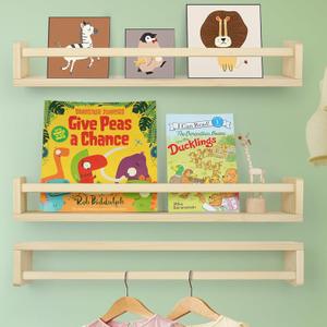 Floating Book Shelves for Wall, 23.6 inch Natural Wood Nursery Shelves for Book Storage, Solid Pine Wooden Floating Bookshelf for Bedroom Living Room, Set of 3, Unfurnished - DIY