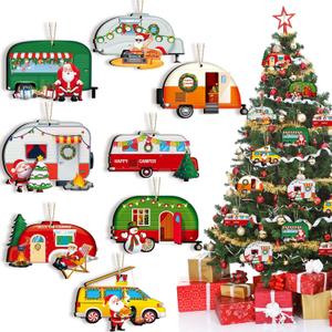 Spiareal 32 Pieces Christmas Camper Ornaments Wooden Camping RV Xmas Tree Decorations Caravan Trailer Hanging Ornaments for Home Party Holiday Christmas Crafts